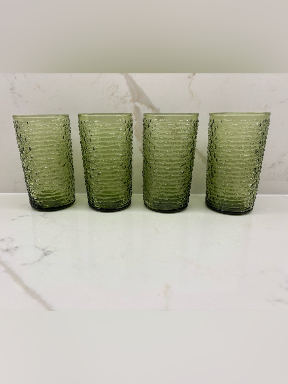 4 Vintage Anchor Hocking Soreno Avocado Green Textured Tumblers 5" 12 oz.